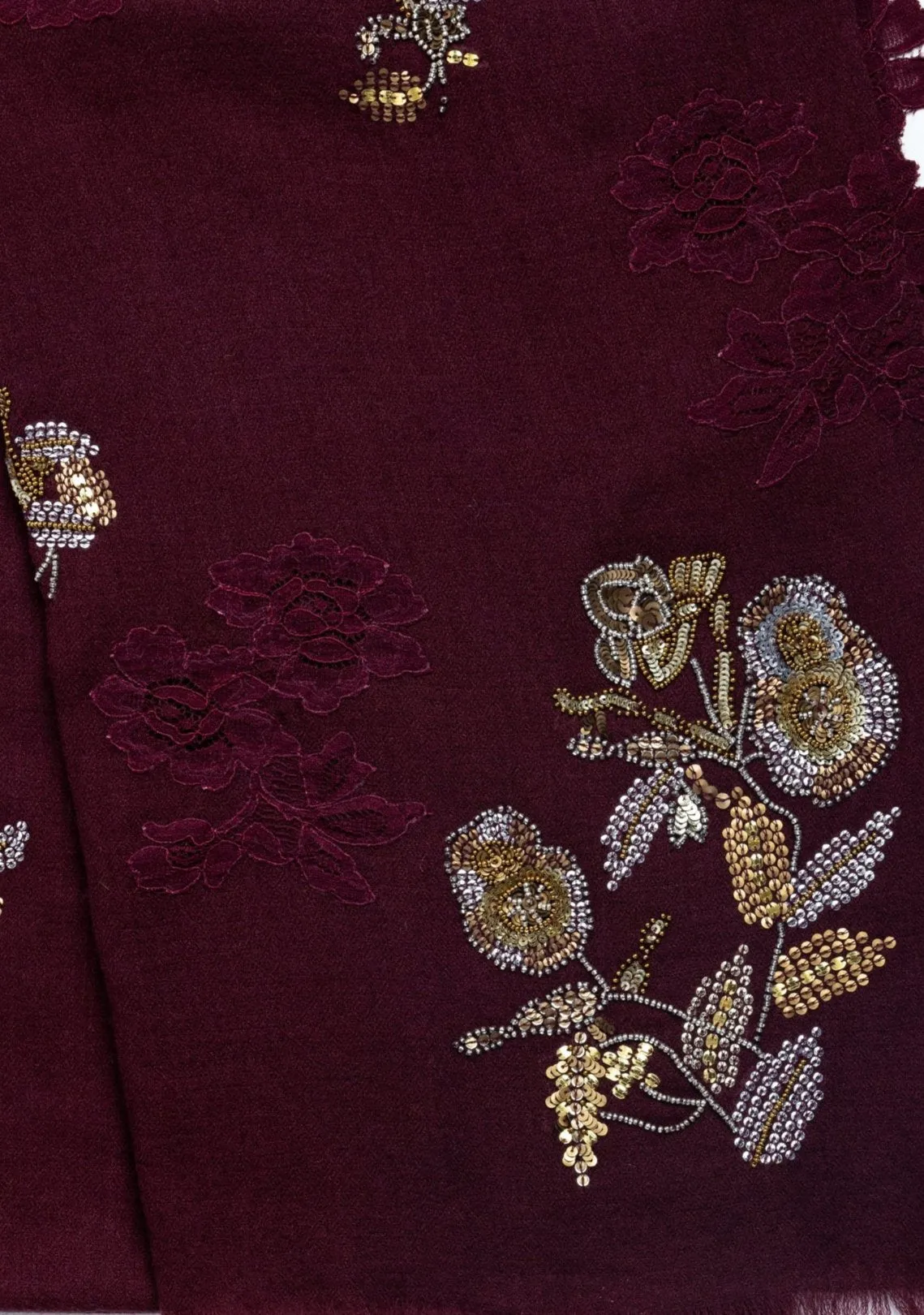 Plum Cashmere Scarf with Metalic Hand-Embroidery and Plum Floral Lace Appliques