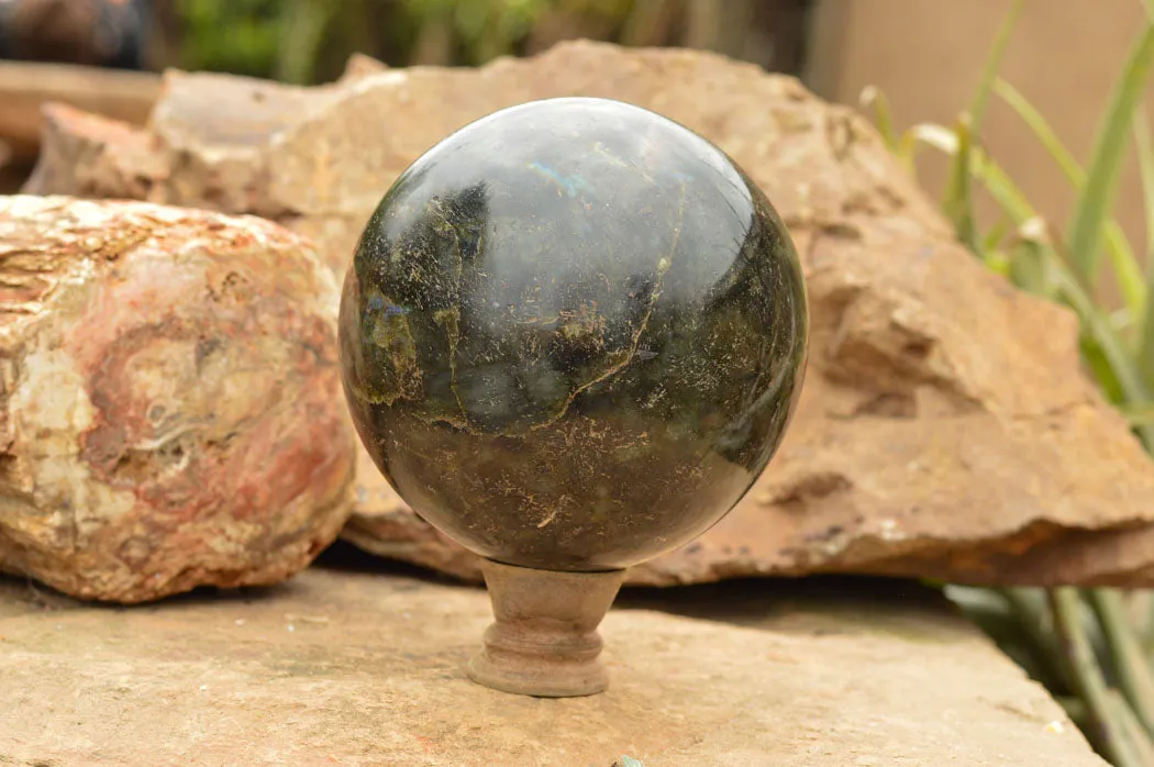 Polished Extra Large Labradorite Sphere & Palisandre Rose Wood Stand  x 1 From Tulear, Madagascar