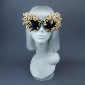 "Amour Sombre" Gold & Pearl Roses Sunglasses