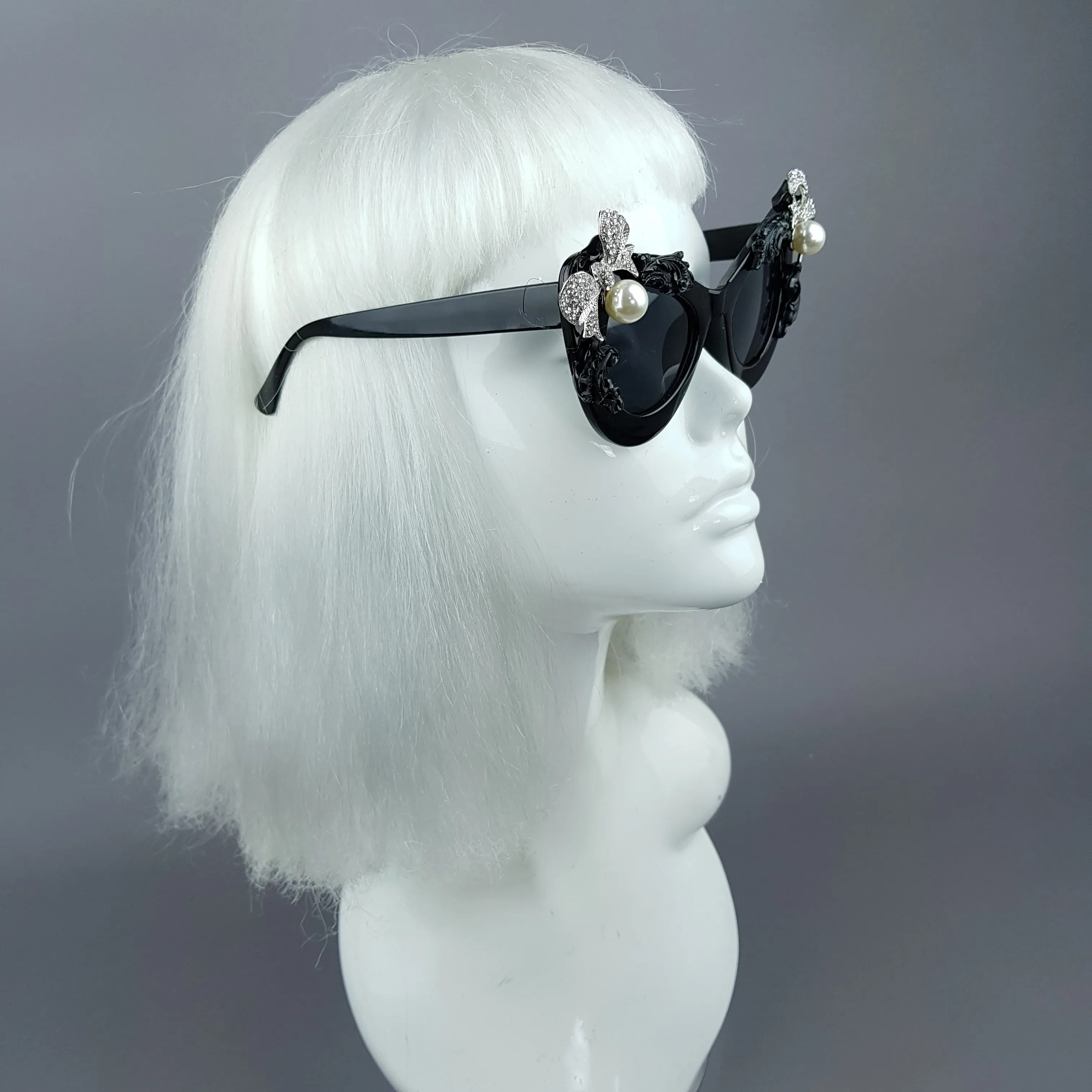 "Kiara" Black Pearl Box Jewel Filigree Cats Eye Sunglasses