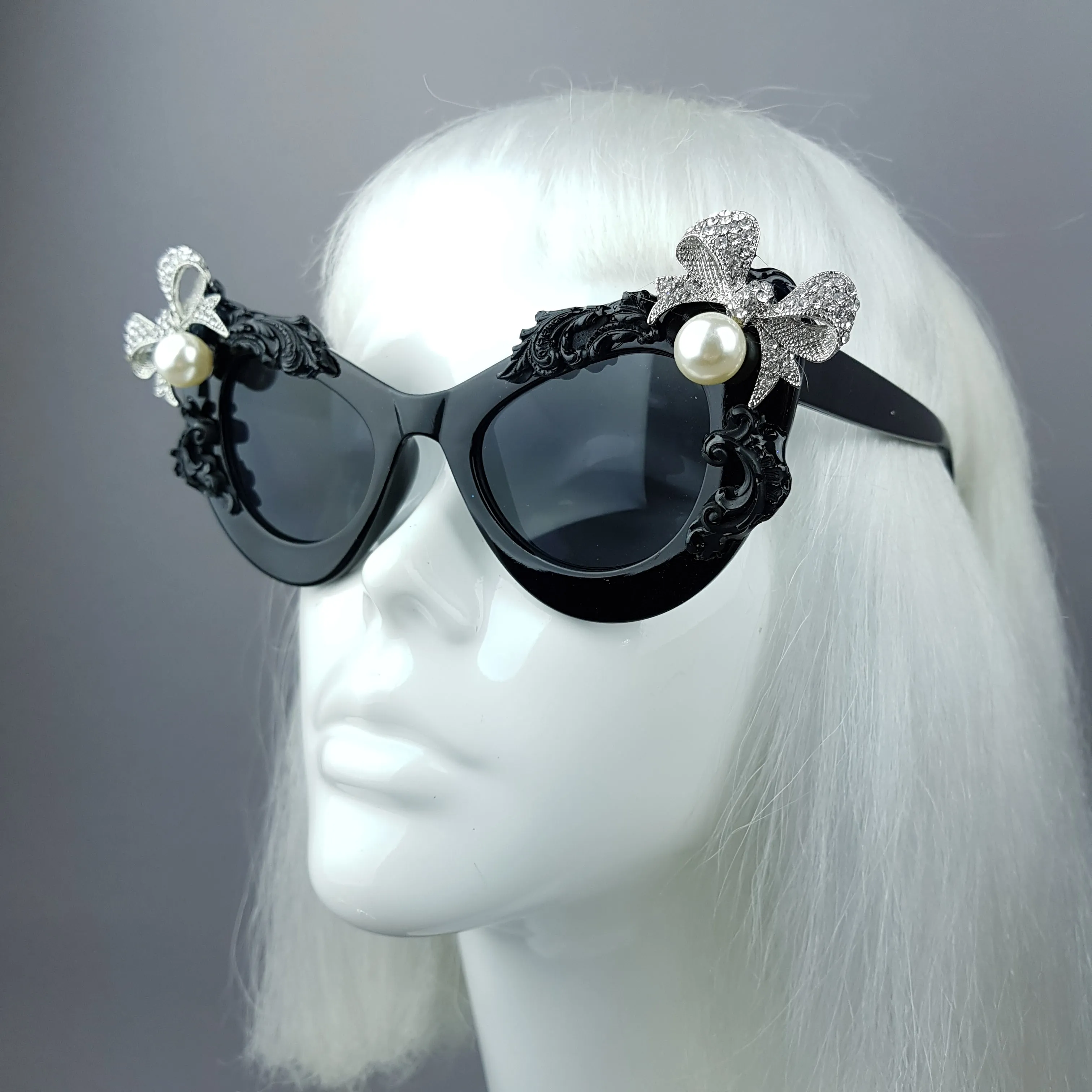 "Kiara" Black Pearl Box Jewel Filigree Cats Eye Sunglasses