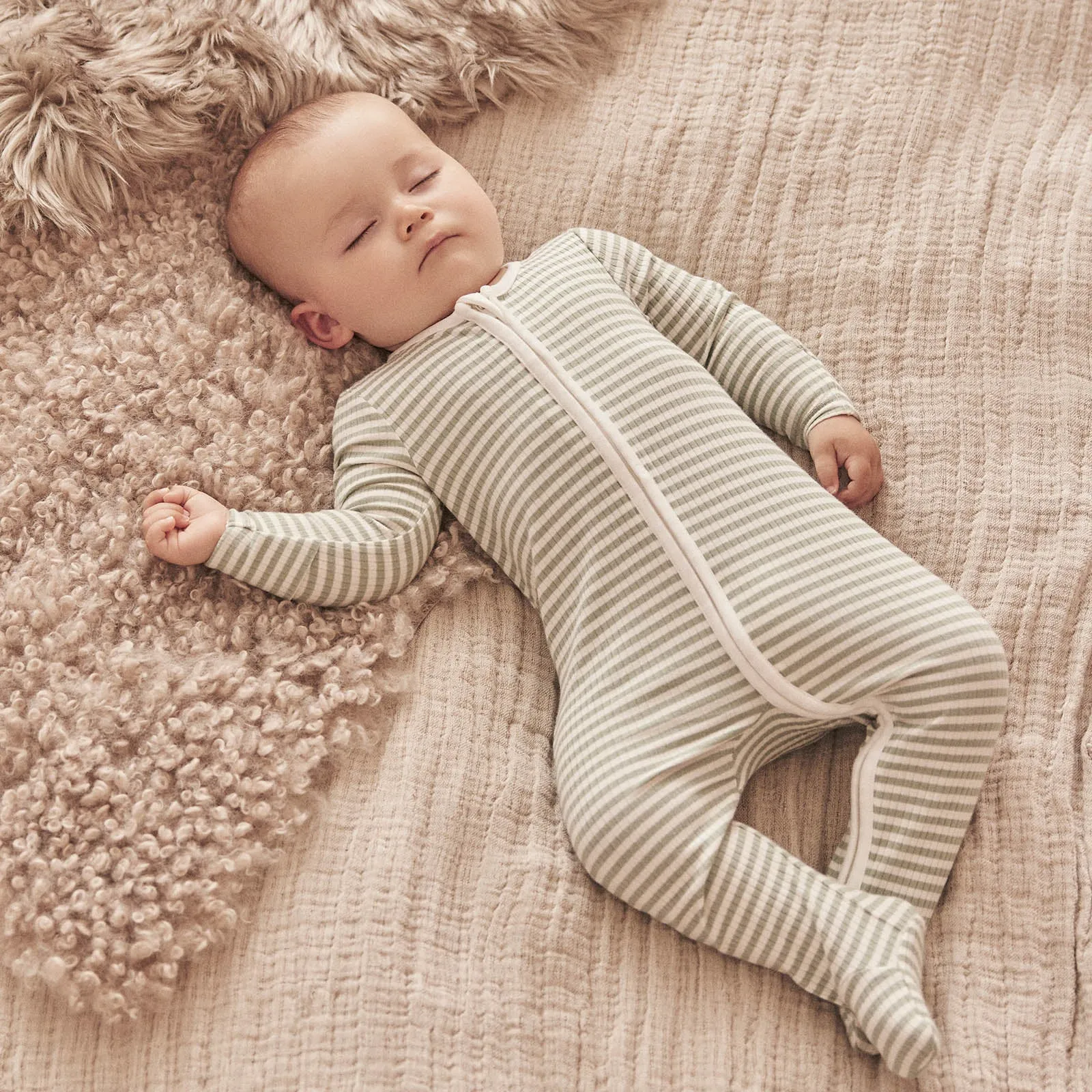 Sage Stripe Ribbed Clever Zip Footed Baby Pajamas