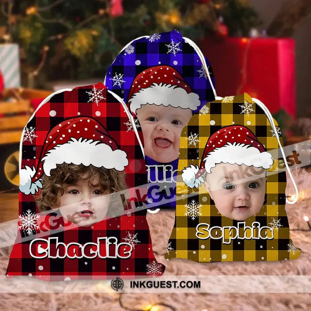 Santa Sack Plaid Pattern Face Photo- Personalized String Bag, Christmas Gift, Gift For Family