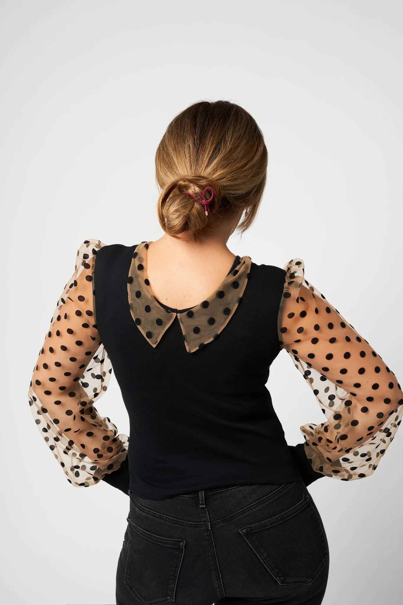 Sensual Polka Dot Blouse Collard Neckline Sheer Sleeves Top