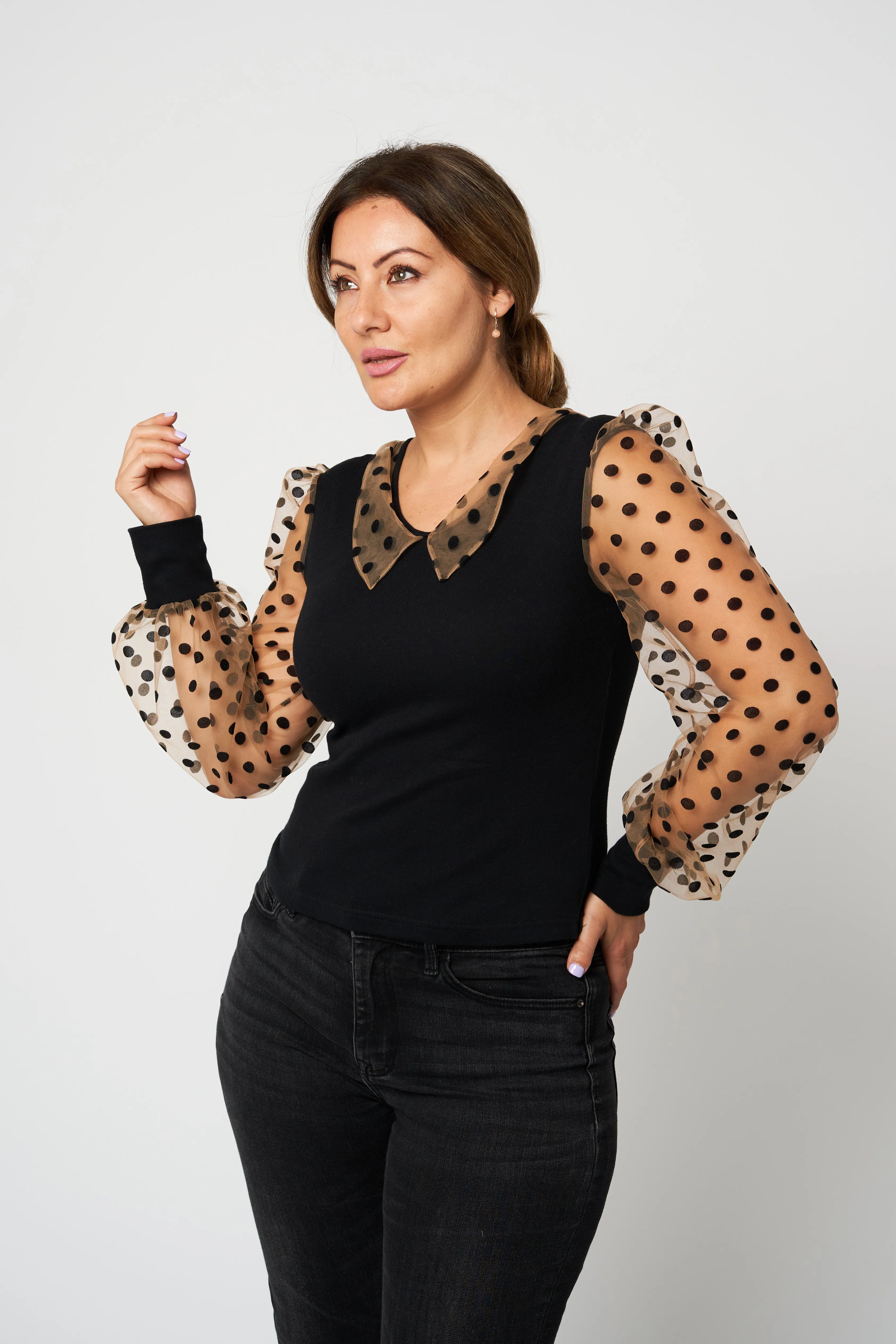 Sensual Polka Dot Blouse Collard Neckline Sheer Sleeves Top