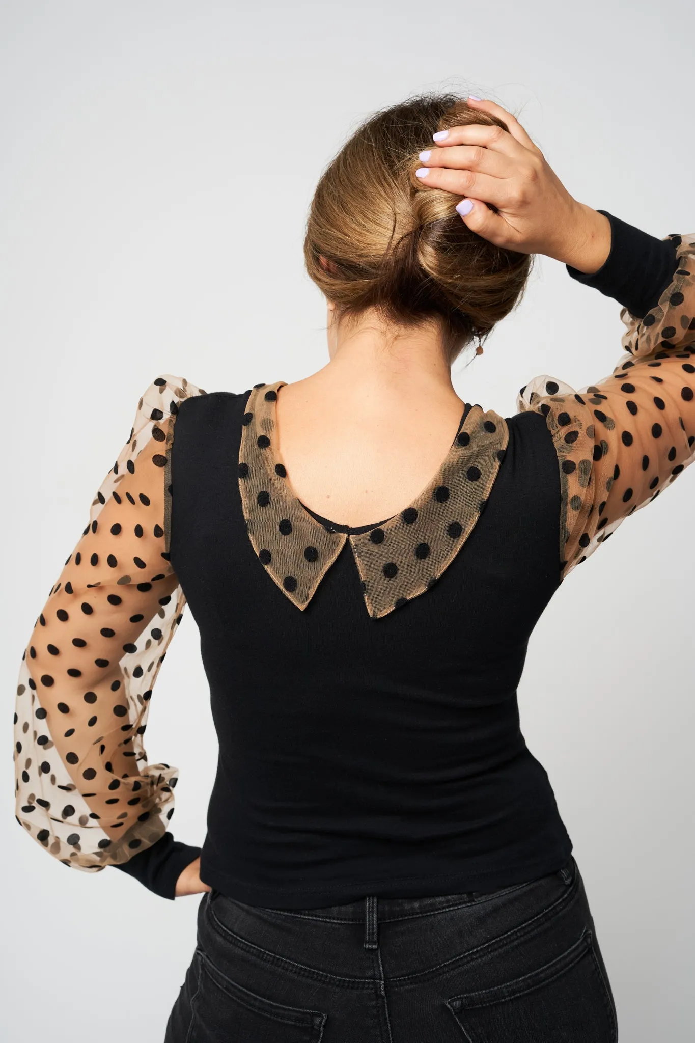 Sensual Polka Dot Blouse Collard Neckline Sheer Sleeves Top