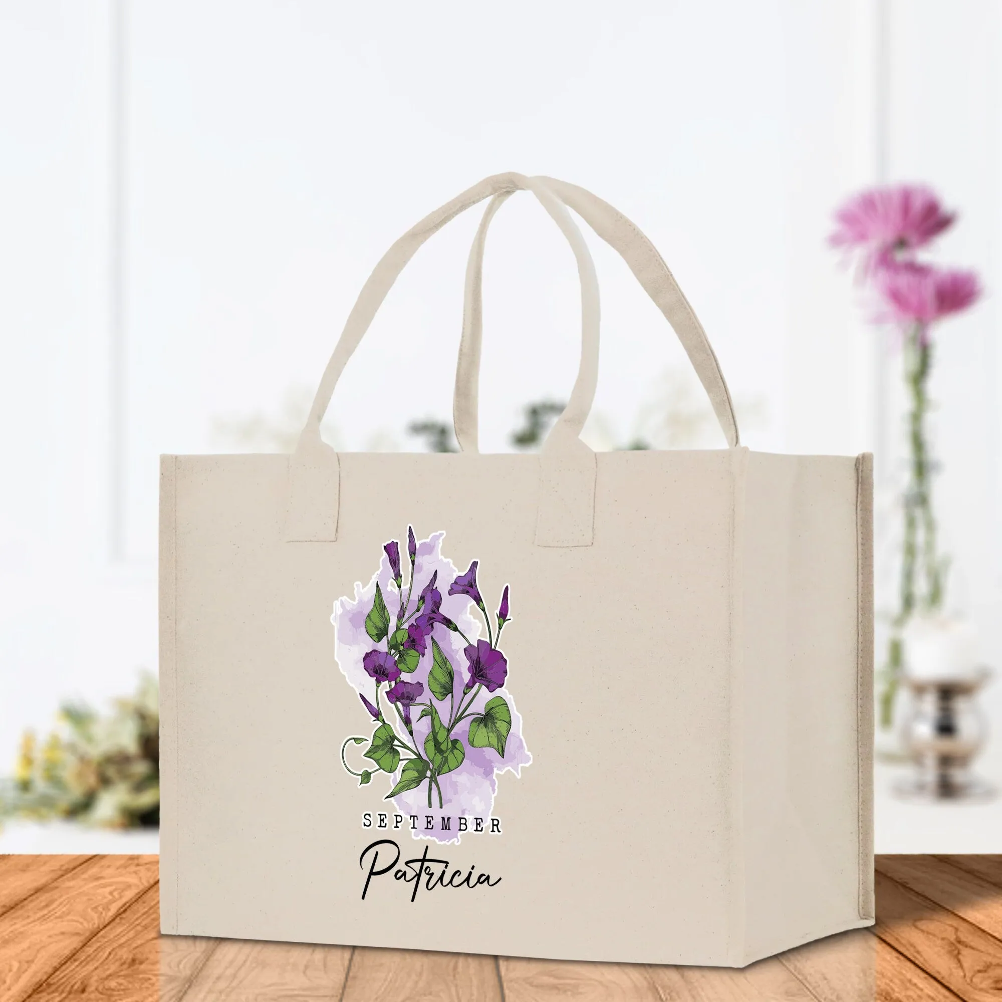 September Birth Month Flower Personalized Name Cotton Canvas Tote Bag Custom Flower Birthday Gift Bag Wedding Gift for Her Bridal Bridesmaid