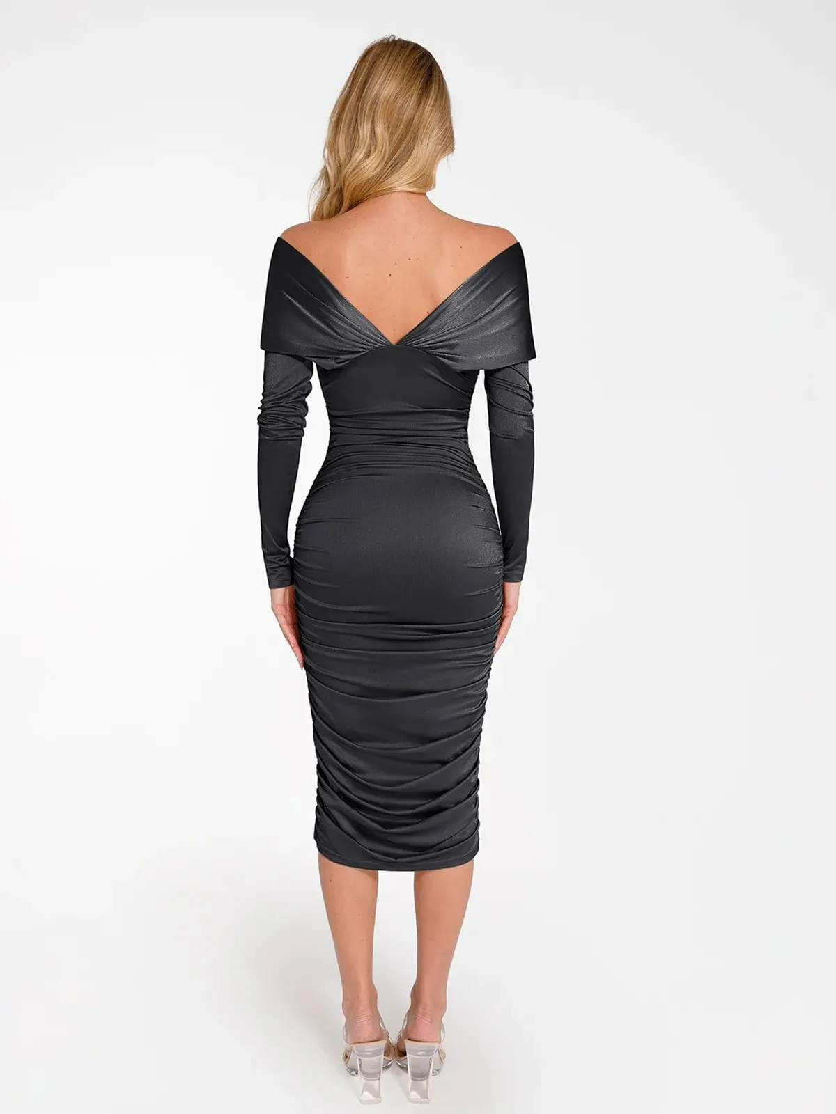 Shapewear Off-Shoulder Ruched Shine Sculpting Midi Dress For Insiders