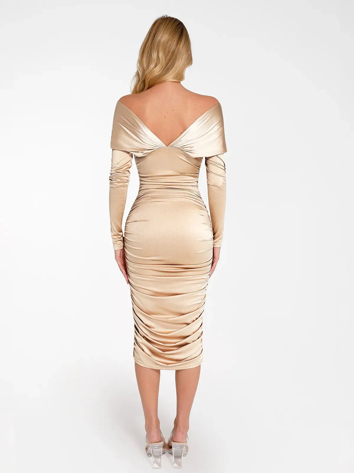 Shapewear Off-Shoulder Ruched Shine Sculpting Midi Dress For Insiders