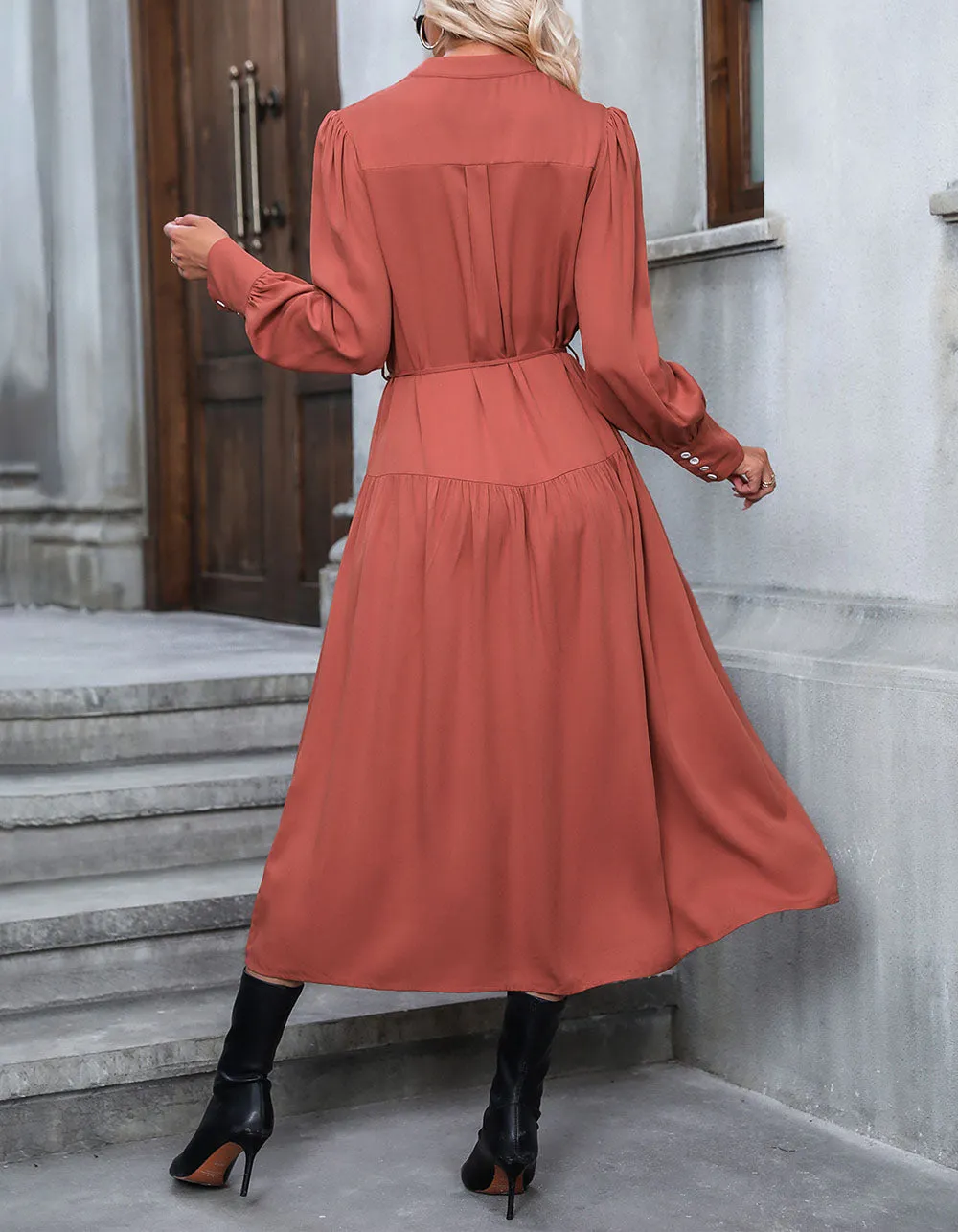 Solid-color V Neck Mid-Waist Ruffle Button Belted Long A-Line Dresses