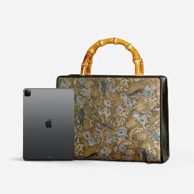 Song Brocade Bamboo Handle Tote Bag Birds and Flowers Luxury Handbag