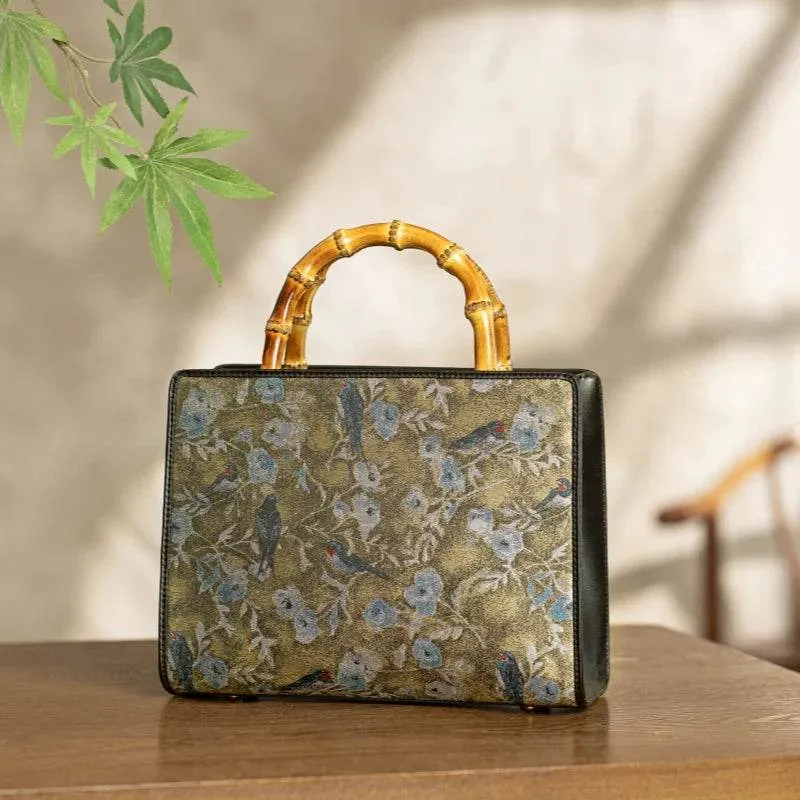 Song Brocade Bamboo Handle Tote Bag Birds and Flowers Luxury Handbag