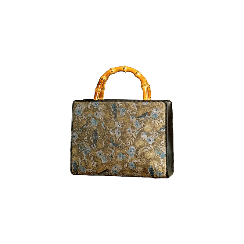 Song Brocade Bamboo Handle Tote Bag Birds and Flowers Luxury Handbag