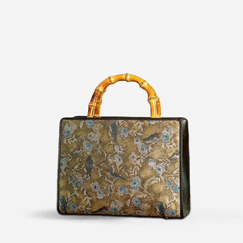 Song Brocade Bamboo Handle Tote Bag Birds and Flowers Luxury Handbag