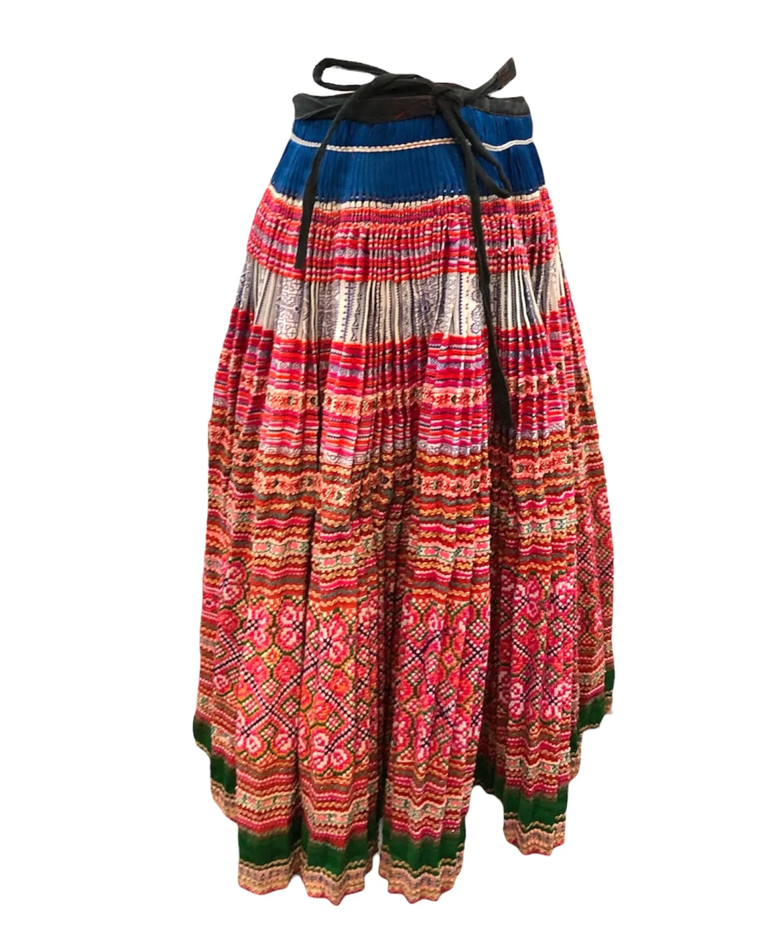 Southeast Asian Hand Embroidered Multi-Color Pleated Patchwork Wrap Skirt