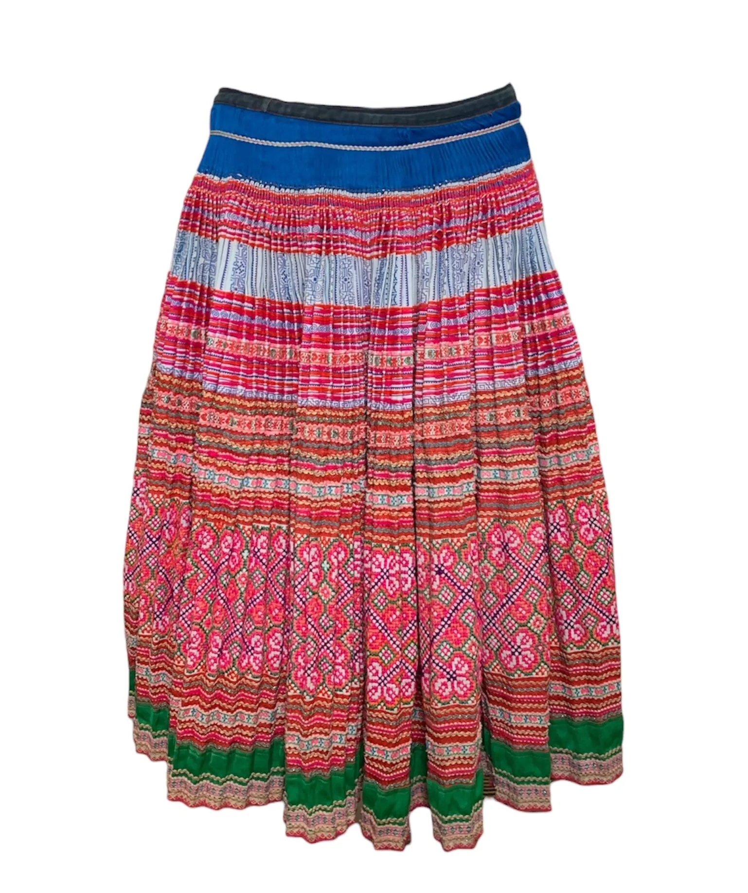 Southeast Asian Hand Embroidered Multi-Color Pleated Patchwork Wrap Skirt