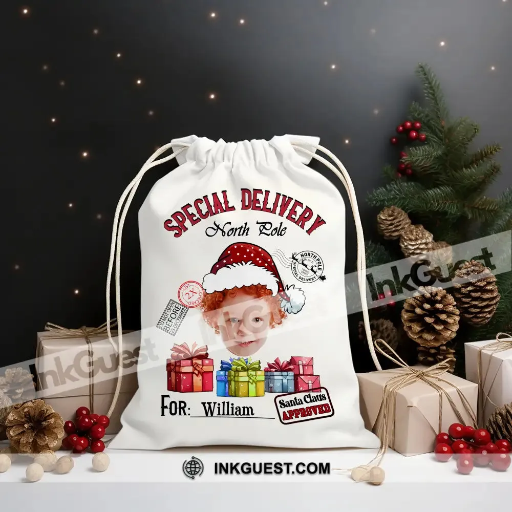 Special Delivery For Custom Photo And Name, Personalized String Bag, Christmas Gift