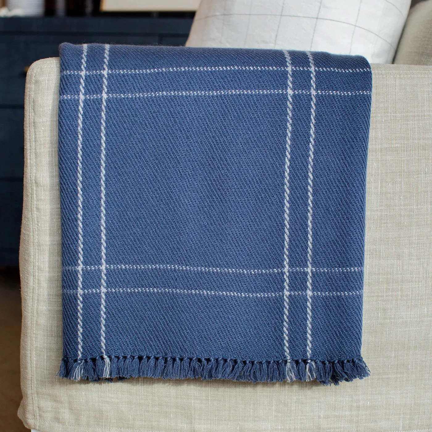 Stone Blue Windowpane Handwoven Cashmere Throw