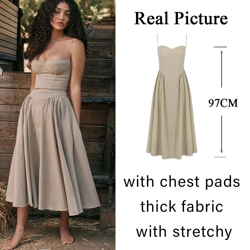 Suninheart Summer Elegant Midi Spagehetti Strap Dresses Slim V Neck A Line Party Dress Khaki Casual Dress Women's Clothing 2023