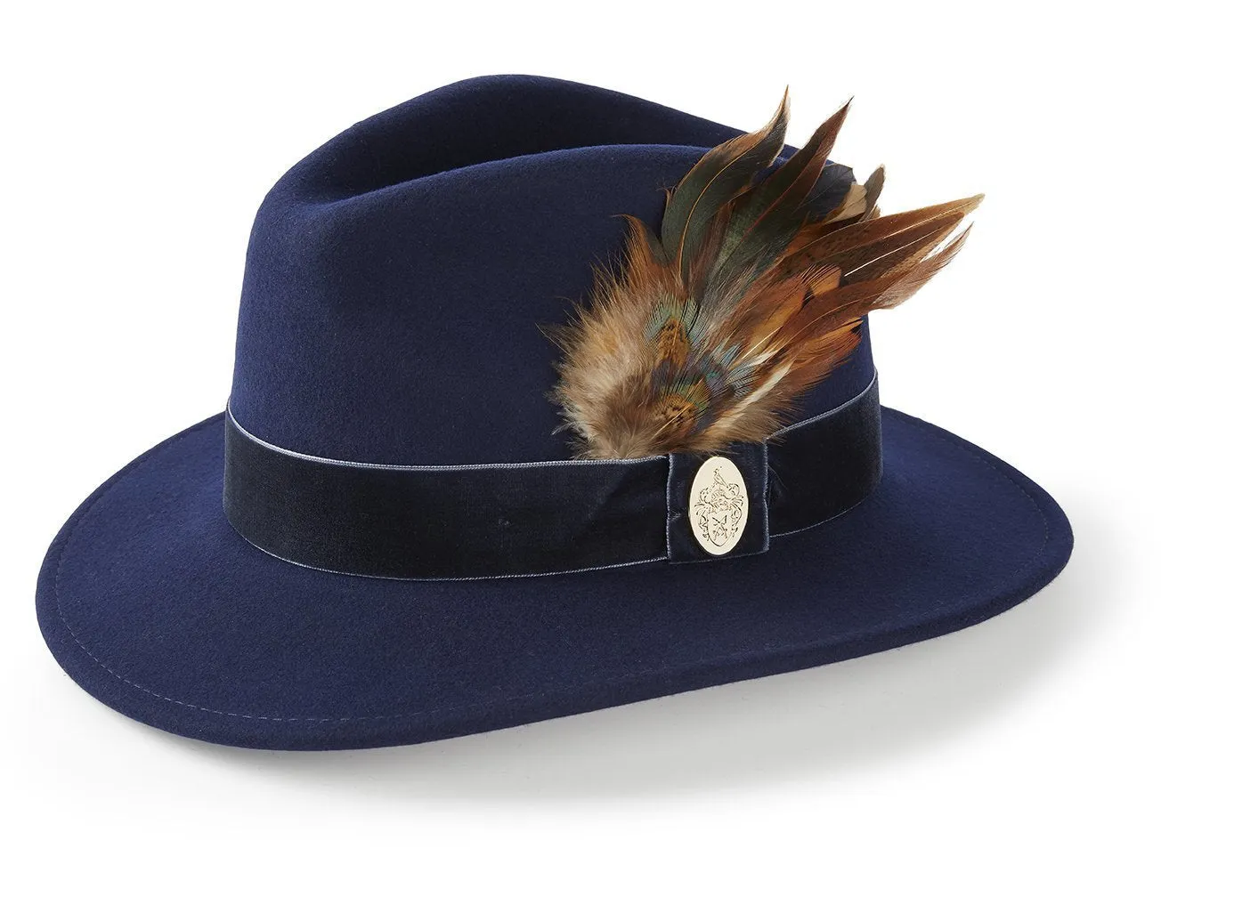 The Chelsworth Fedora in Navy (Bronze Luxe Feather)