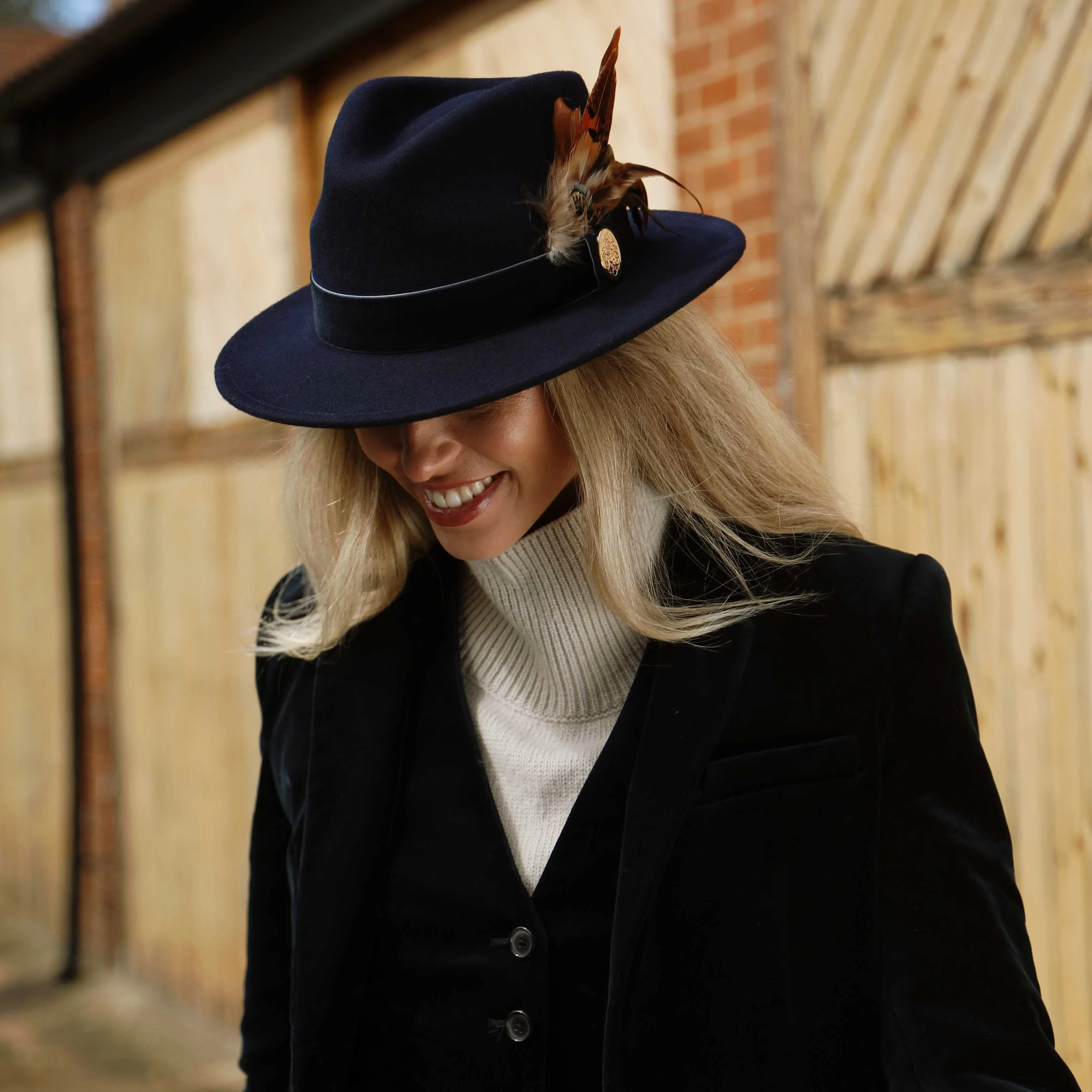 The Chelsworth Fedora in Navy (Bronze Luxe Feather)