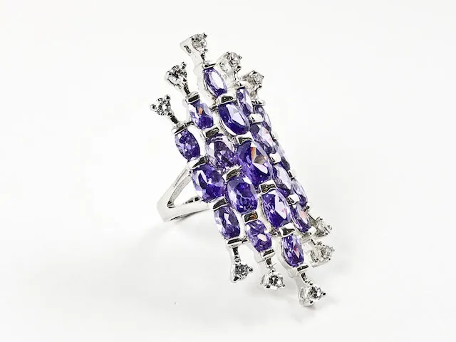 Unique Long Shape With Fine Firework Design Purple Color CZ Brass Ring