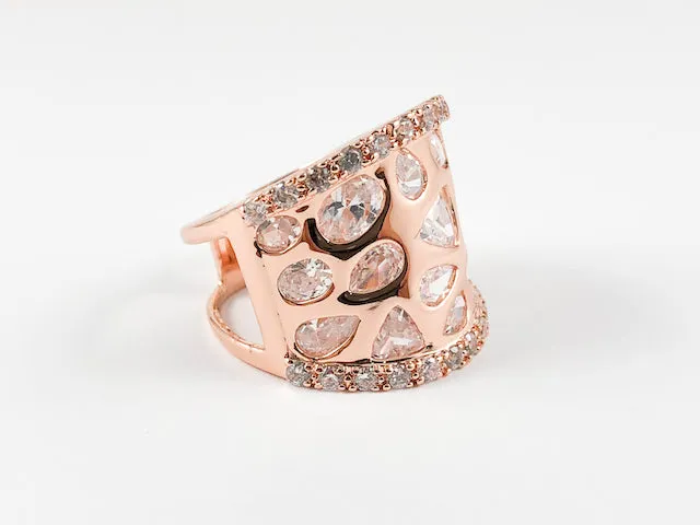 Unique Modern Multi Stone Pattern Rose Gold Brass Ring