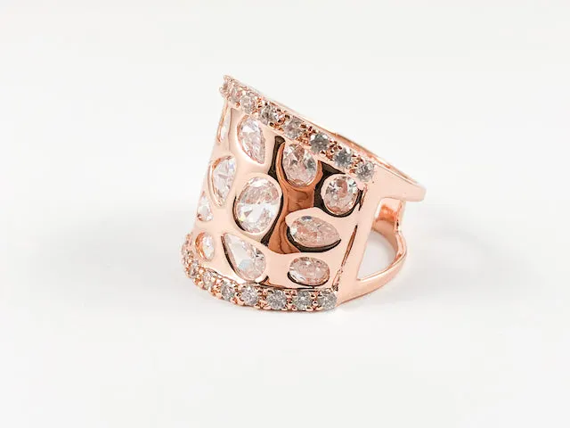 Unique Modern Multi Stone Pattern Rose Gold Brass Ring