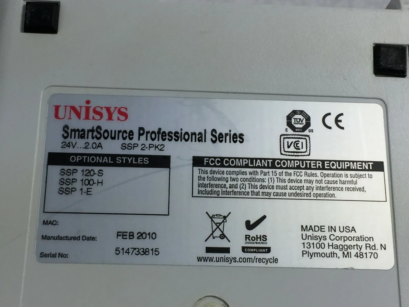 Unisys SmartSource Professional Series Check Scanner SSP 2-PK2 Power Supply&Cord